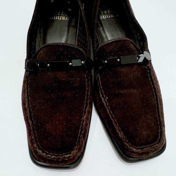 Stuart Weitzman Brown Suede Block Heel Square Toe Loafers Size 4.5 - Picture 2 of 12